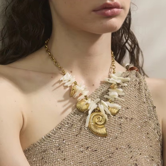 Seashell Statement Necklace – Stainless Steel PVD Gold Plated with Resin Accents - Picture 6 of 12